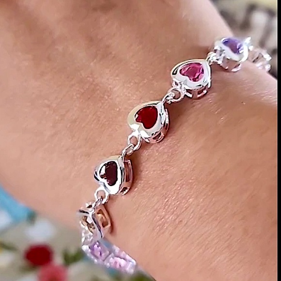 Sterling Silver Heart Multicolor Gemstone 925 Stamped Bracelet - Picture 9 of 13
